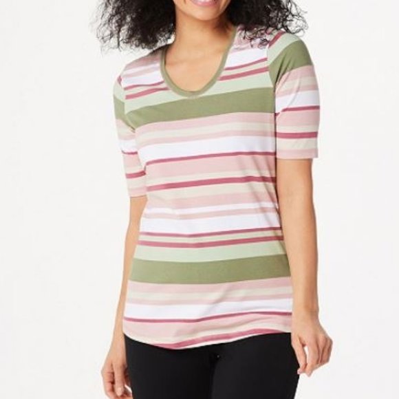 Denim&Co Tops - Denim & Co Jersey Stripe Print Rounded V-Neck Top